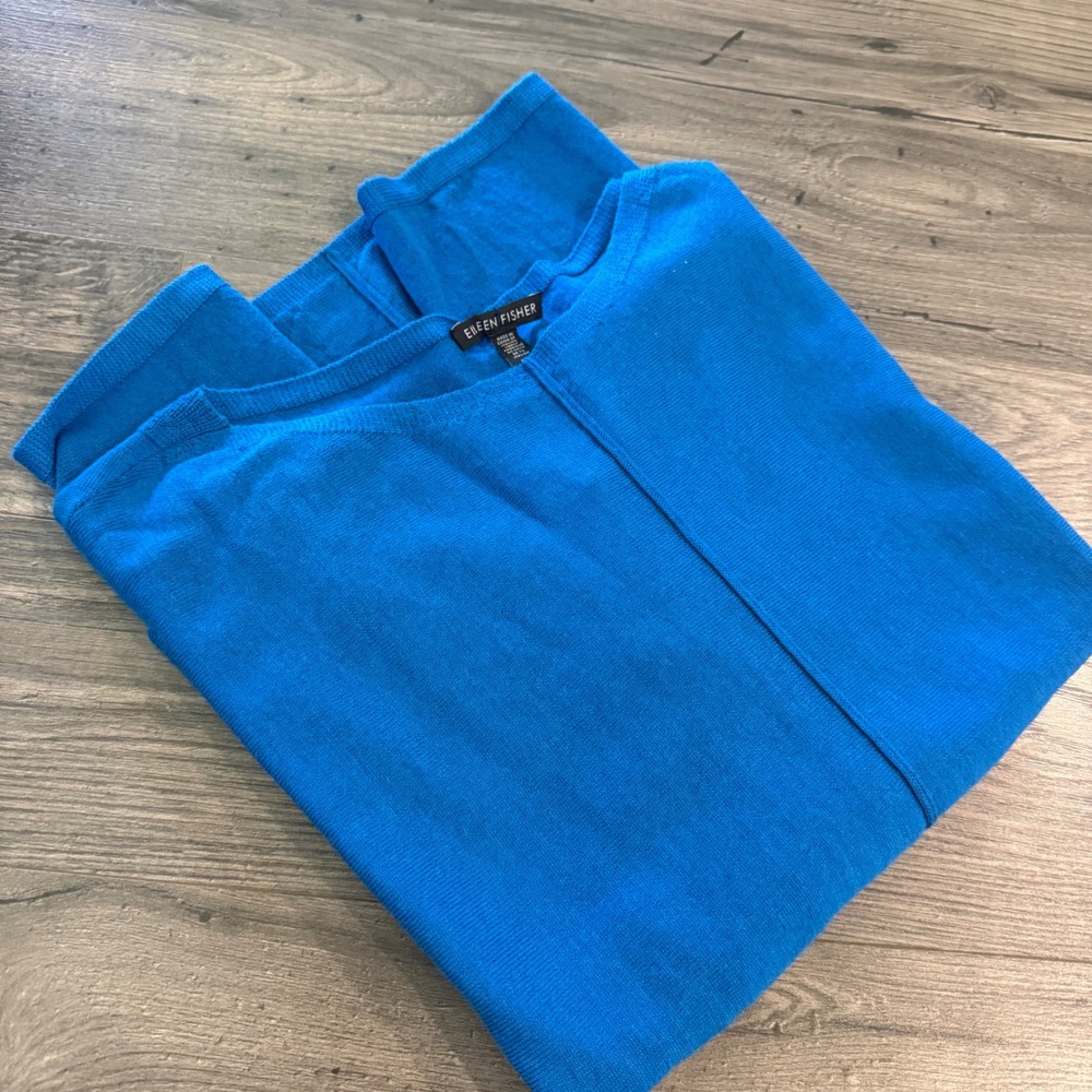 Eileen Fisher Merino Jersey Bateau Neck Box Top Tunic Sweater Blue Small NEW